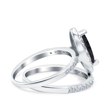 Two Piece Halo Marquise Art Deco Wedding Bridal Ring Simulated Black CZ 925 Sterling Silver